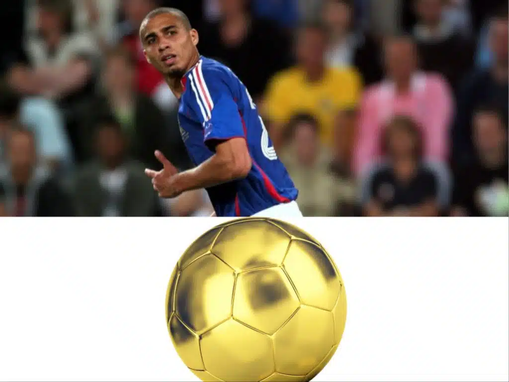Francuski nogometaš David Trezeguet iznad zlatne lopte koja simbolizira zlatni gol
