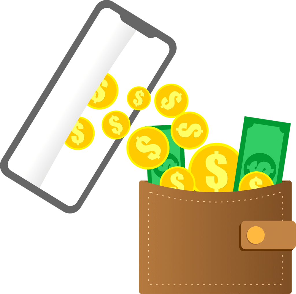 Ilustracija mobitela, novaca i torbe