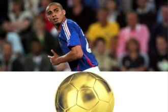 Francuski nogometaš David Trezeguet iznad zlatne lopte koja simbolizira zlatni gol