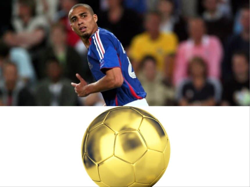 Francuski nogometaš David Trezeguet iznad zlatne lopte koja simbolizira zlatni gol